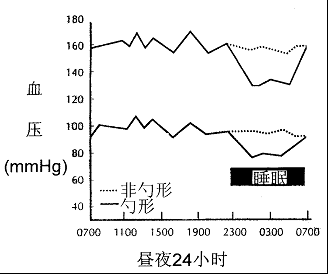 健康個體和多數高血壓患者的血壓呈現白晝高,夜間低的規律性變化